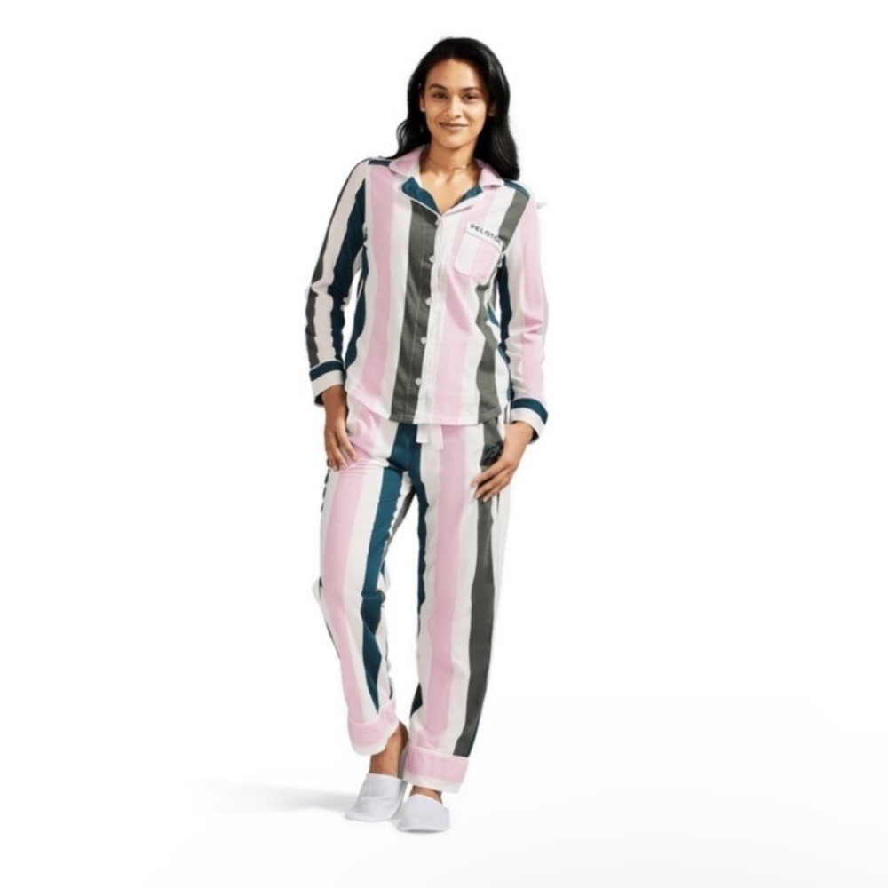 Peloton Pink Green Stripe Button Front Pajama Lounge Set Size Medium